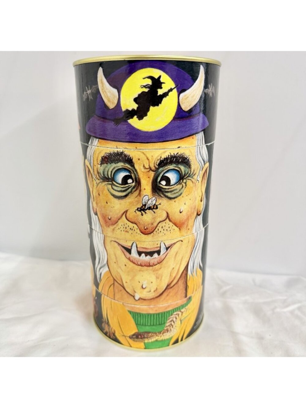 Vintage Halloween Tin Empty Collectors Canister Adjustable Witch Market Square
